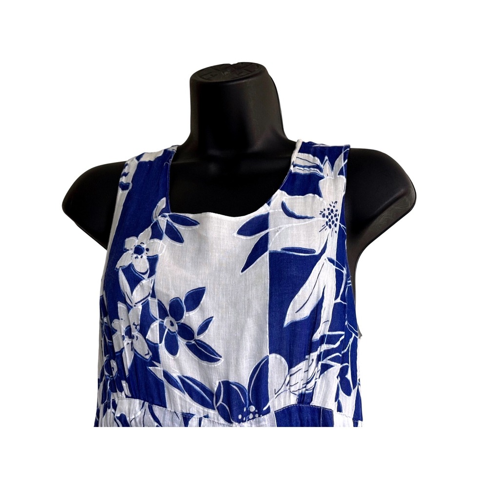Vanya Desire Blue White Floral Cotton Maxi Dress Women SP Tiered Boho Sleeveless - Picture 3 of 8
